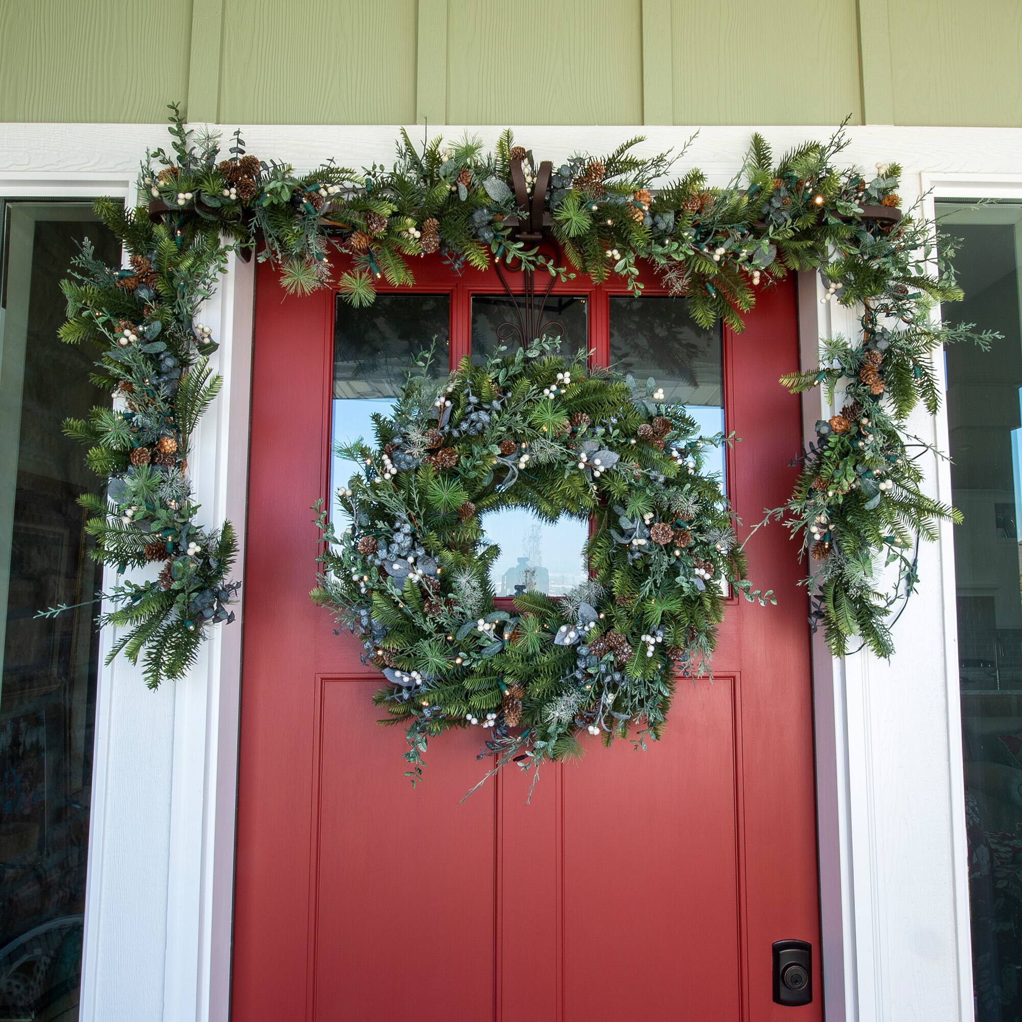 Village Lighting 30" Pre-Lit Rustic White Berry Christmas Wreath, Clear LED Lights